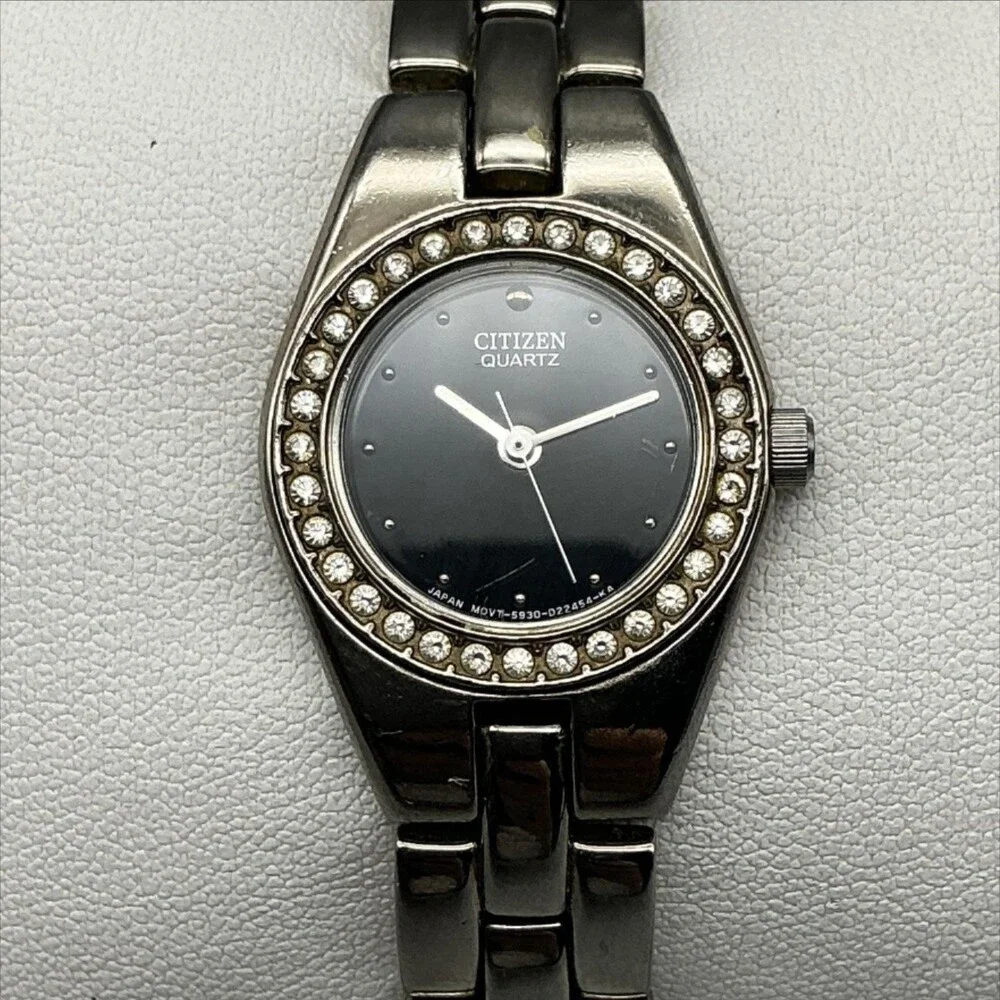Citizen Quartz Womens Watch 21mm Black Silver Tone Crystals New Battery 6.25
